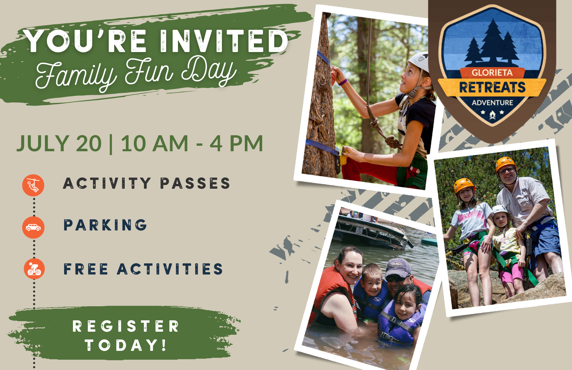 join us for family fun day. pre-purchase your parking pass and activity band today to save