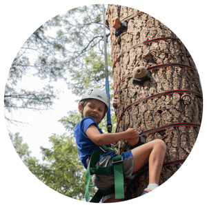 young boy on the side of a tree with rock handholds smiling